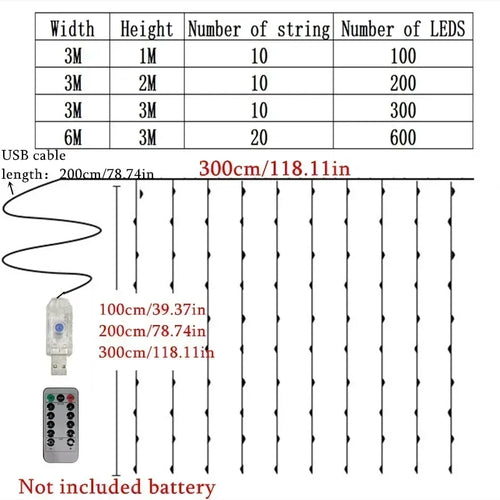Christmas Home Decoration USB 8 Modes Fairy Garland Lights LED Curtain String Lights with Remote Control for Bedroom Wedding